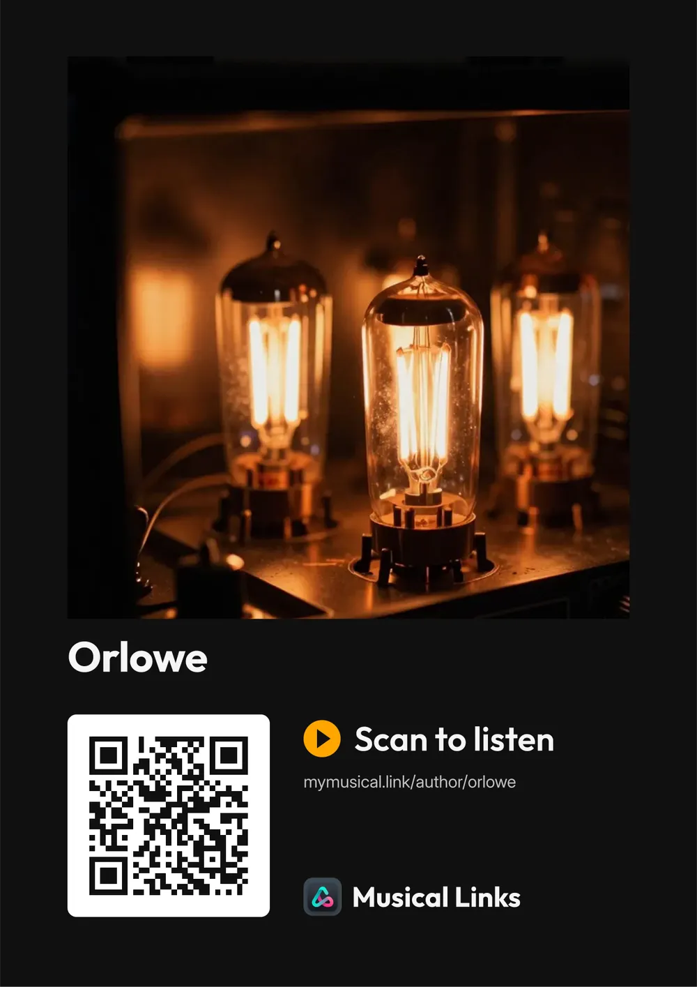 A dark A4 poster for Orlowe: their picture, their name, "Scan to listen" and a QR code that opens their page