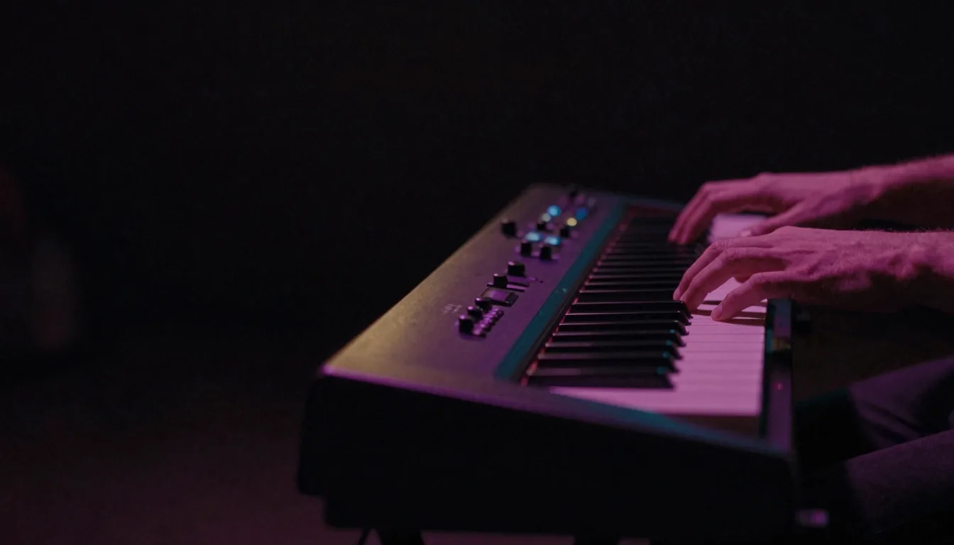 Hands resting on a synthesizer keyboard in a dark room lit by magenta and teal light