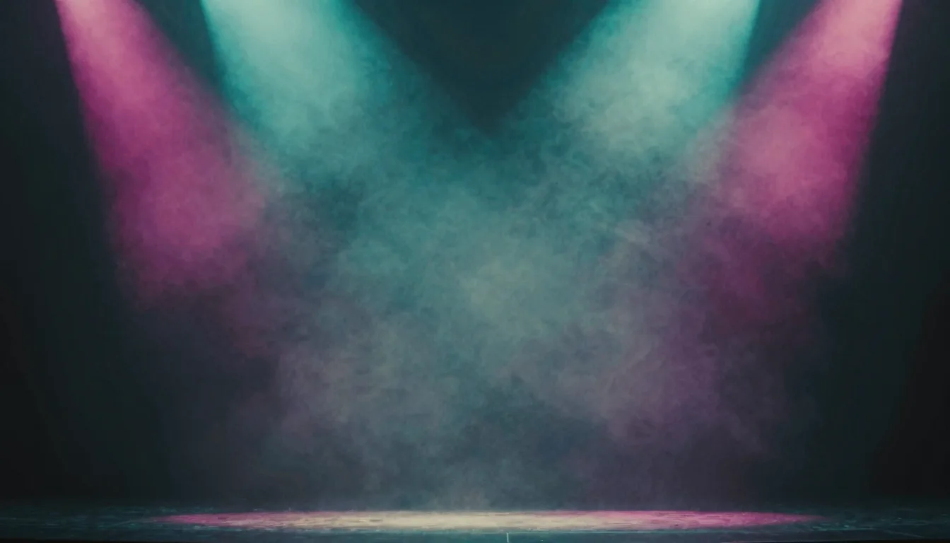 Teal and magenta light beams drifting through haze in a dark room