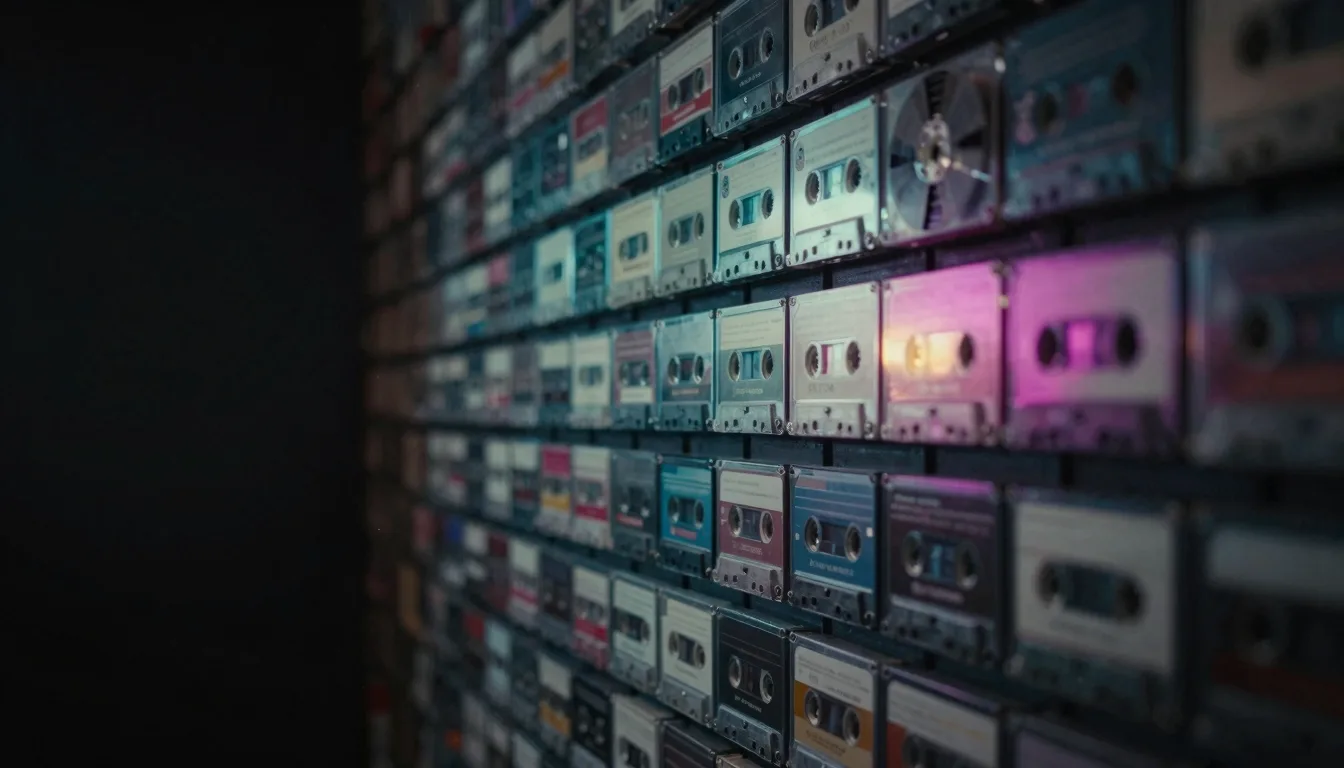 Shelves of cassette tapes and tape reels in a darkened room, raked by teal and magenta light