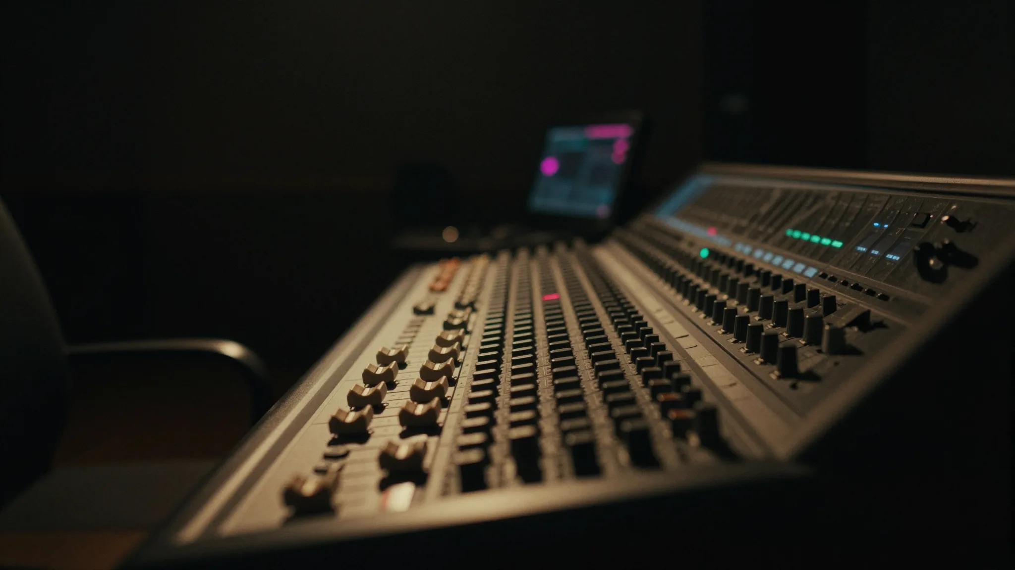 A mixing desk lit low in a dark studio, with warm light grazing the faders